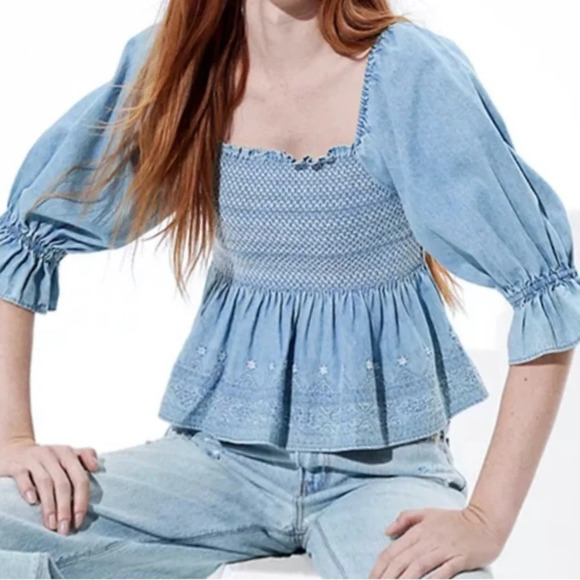 American Eagle Smocked Babydoll Top. Chambray Denim, Coquette, Soft, Boho Hippie - Picture 8 of 12